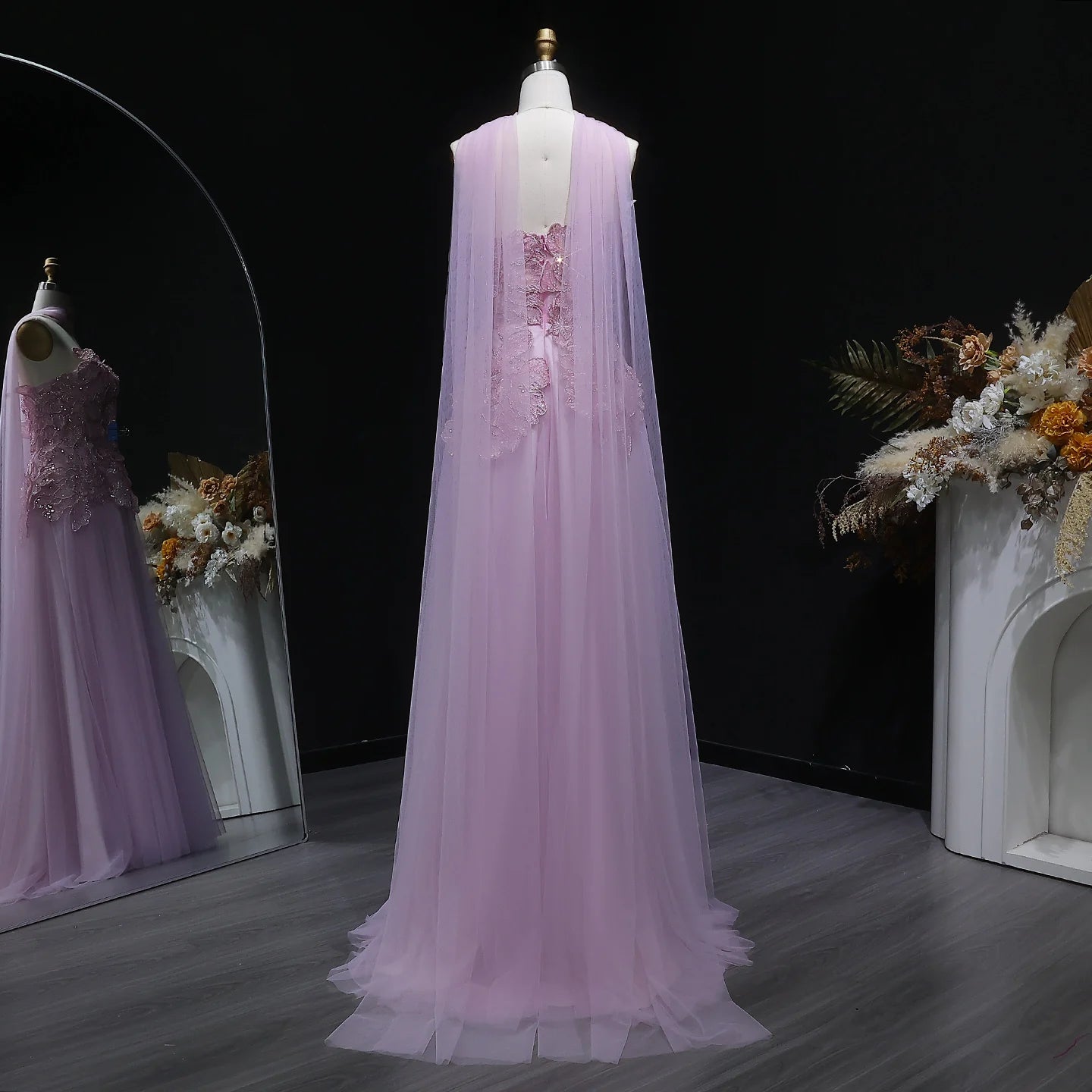 Pink A-Line Evening Gown with Scarf — Appliqué Beaded GCC Formal — Riviera Couture GCC Luxury Evening Gown