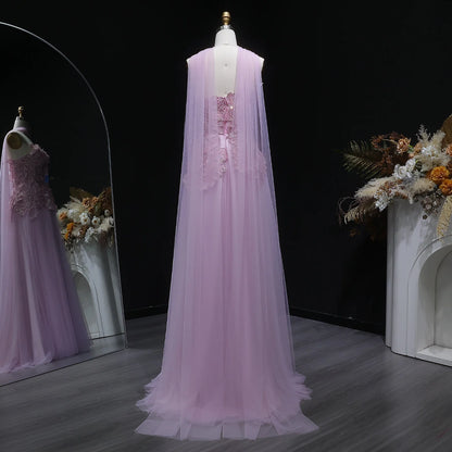 Pink A-Line Evening Gown with Scarf — Appliqué Beaded GCC Formal — Riviera Couture GCC Luxury Evening Gown