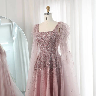 Dusty Pink Feathers Evening Dress with Cape - RC35 - Riviera Couture