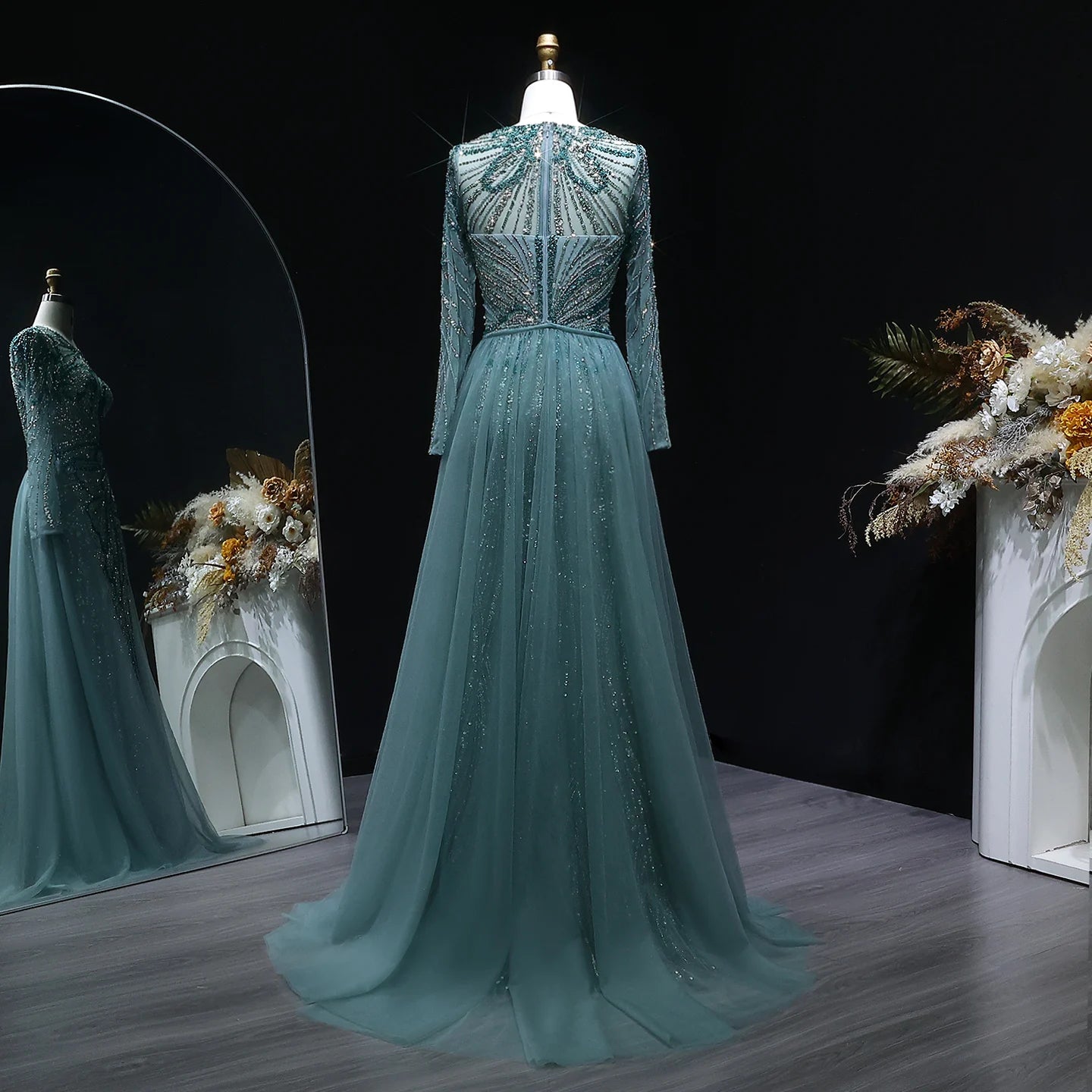 Beaded Long Sleeve Evening Gown with Overskirt and Side Slit — Riviera Couture GCC Luxury Evening Gown