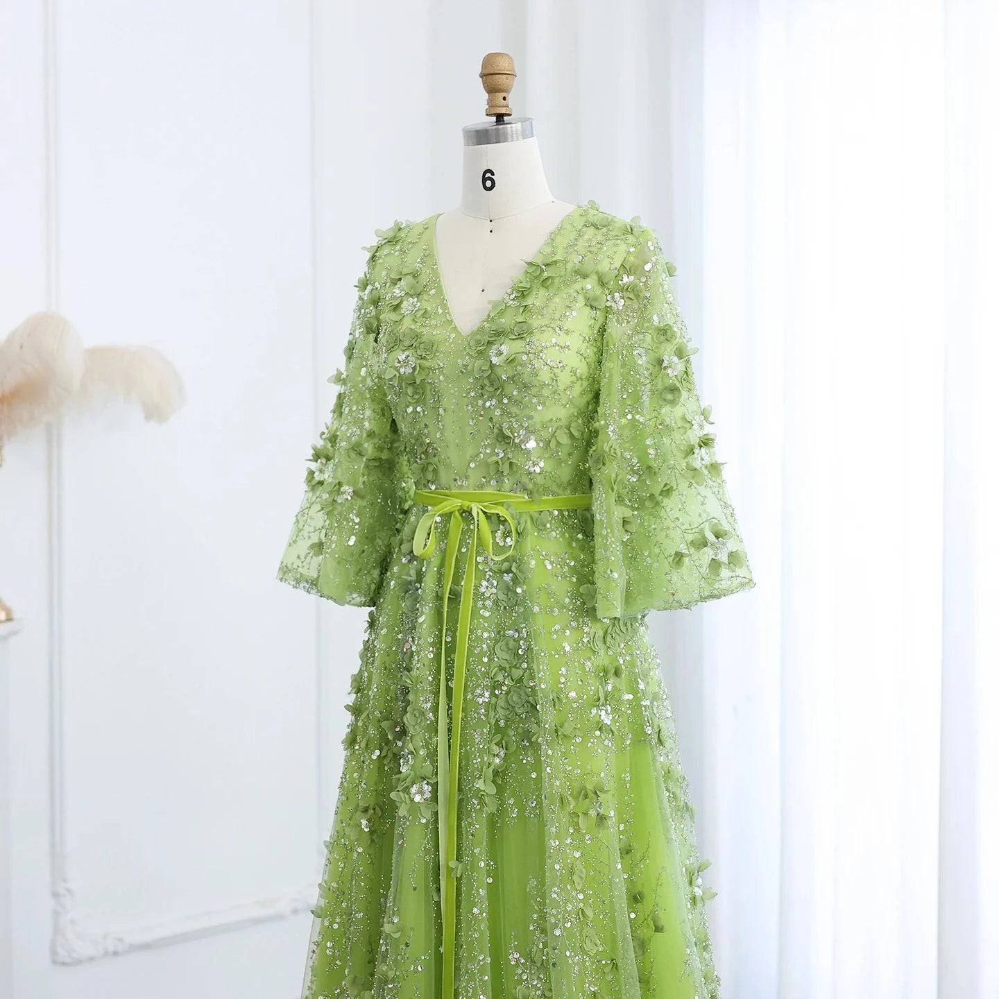 Plunging V-neck Green 3D Embroidered Flowers Evening Dress - Riviera Couture