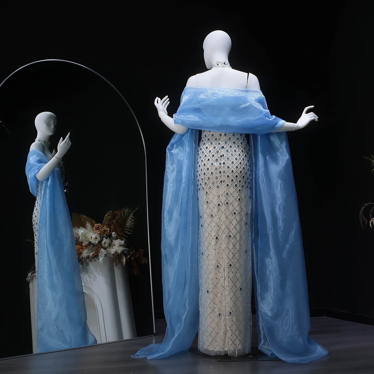 Blue Beaded Crystal Evening Gown with Cape — Luxury GCC Formal 2026 — Riviera Couture GCC Luxury Evening Gown