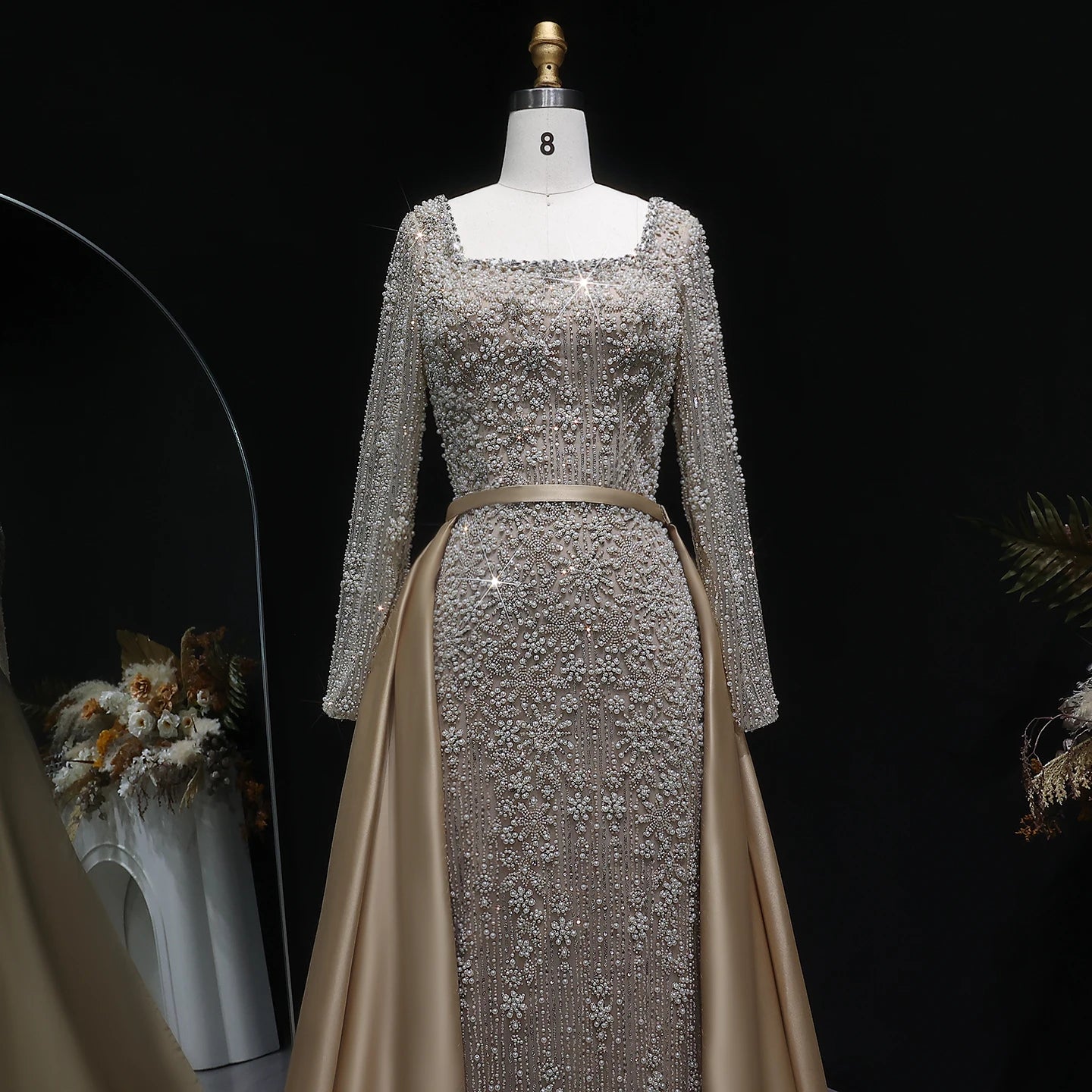 Green Beaded Long Sleeve Mermaid Evening Gown with Overskirt — Arabic — Riviera Couture GCC Luxury Evening Gown