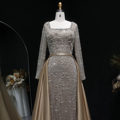 Green Beaded Long Sleeve Mermaid Evening Gown with Overskirt — Arabic — Riviera Couture GCC Luxury Evening Gown