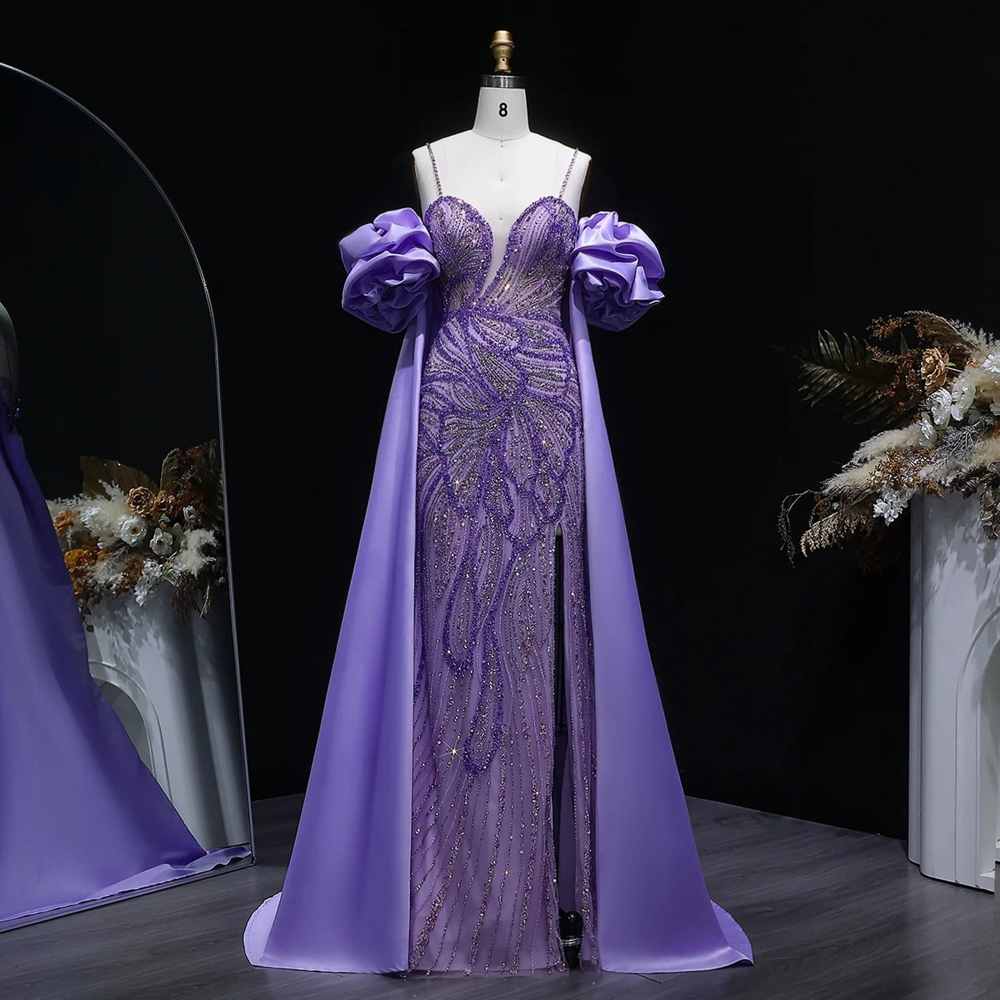 Lilac Off-Shoulder Cape Ruffle Evening Gown — Beaded Luxury GCC Formal — Riviera Couture GCC Luxury Evening Gown