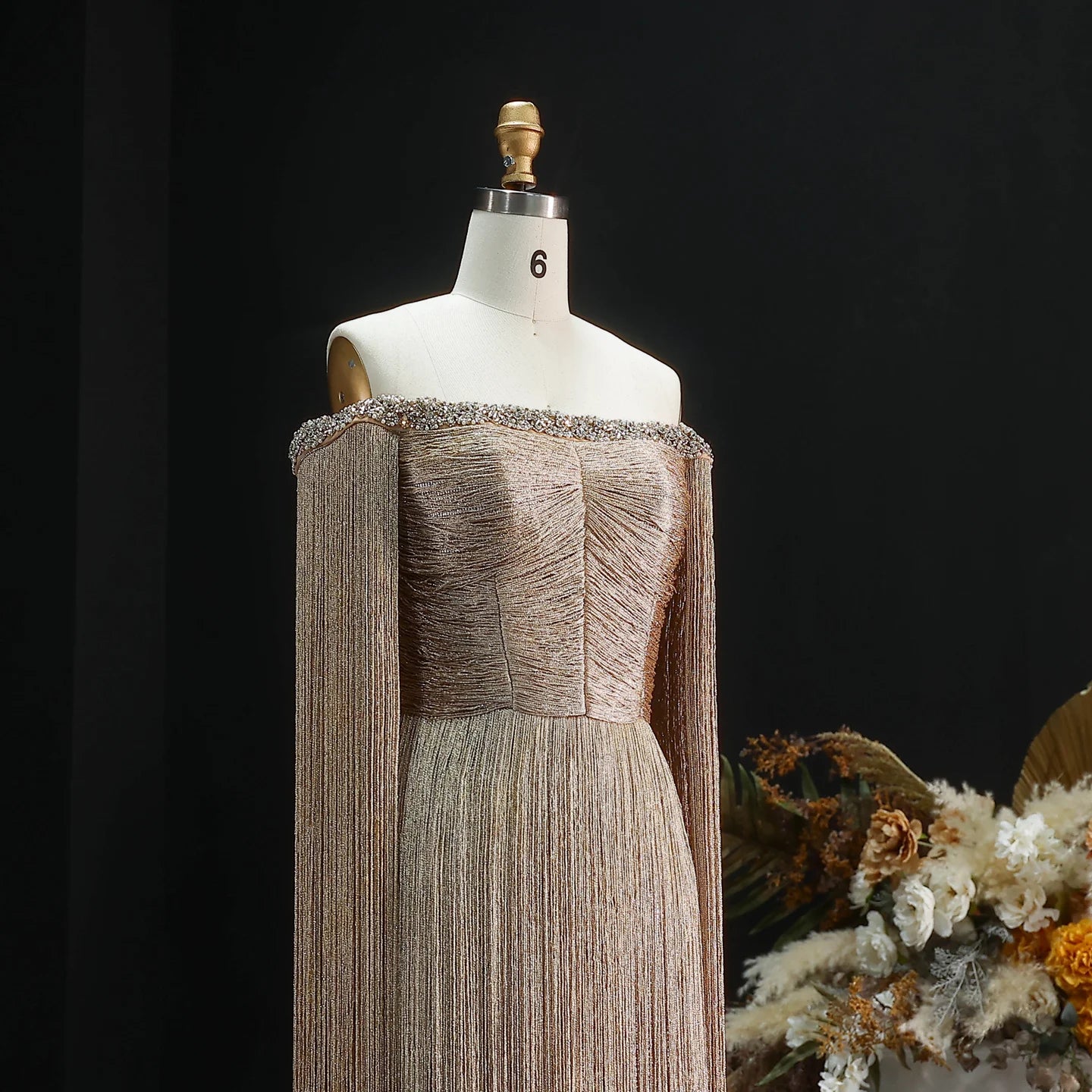 Gold Off-Shoulder Tassel Evening Gown — Luxury GCC Formal — Riviera Couture GCC Luxury Evening Gown