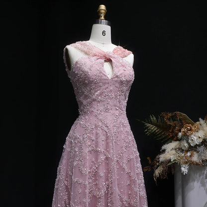 Gradient Pink Ombré Pink Criss-Cross Neck Evening Gown — Luxury GCC Formal — Riviera Couture GCC Luxury Evening Gown