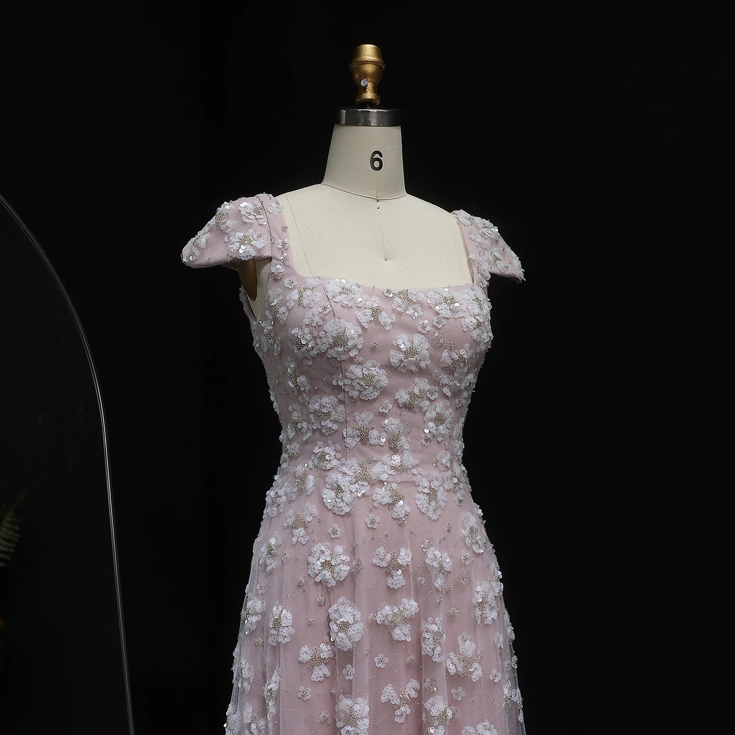 Pink Light Pink Floral Evening Gown — Square Neck Open Back GCC Wedding — Riviera Couture GCC Luxury Evening Gown
