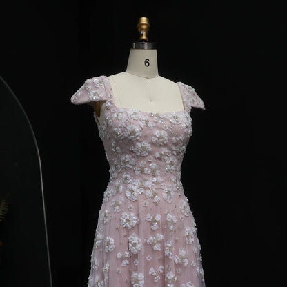 Pink Light Pink Floral Evening Gown — Square Neck Open Back GCC Wedding — Riviera Couture GCC Luxury Evening Gown