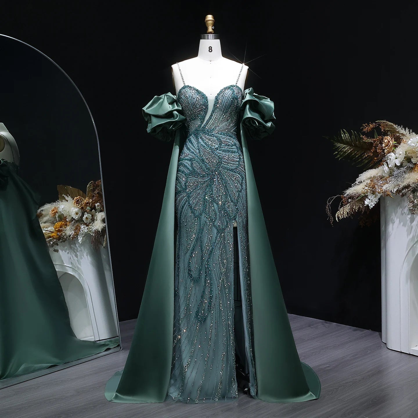 Lilac Off-Shoulder Cape Ruffle Evening Gown — Beaded Luxury GCC Formal — Riviera Couture GCC Luxury Evening Gown