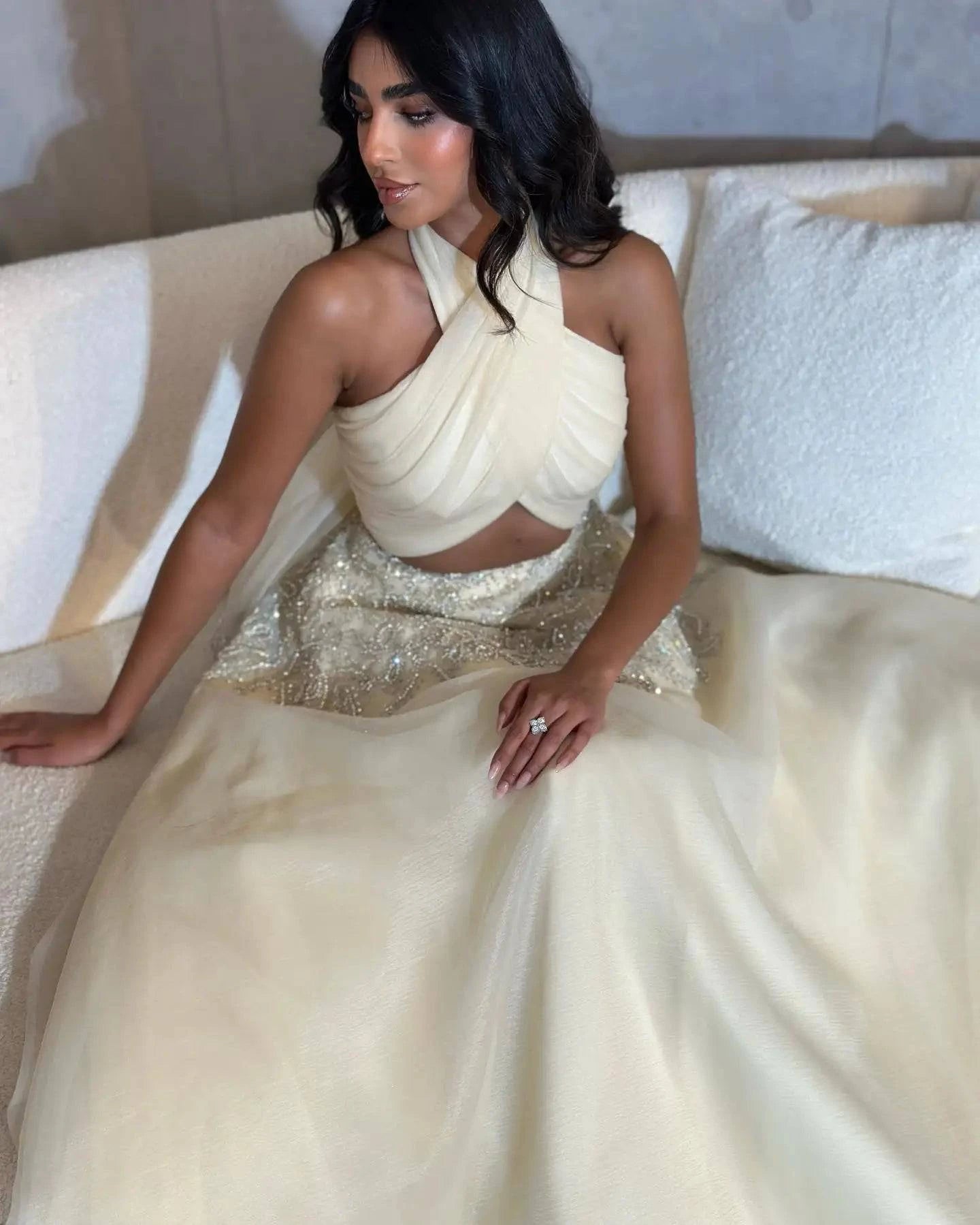 Halter Beige Evening Dress - Riviera Couture