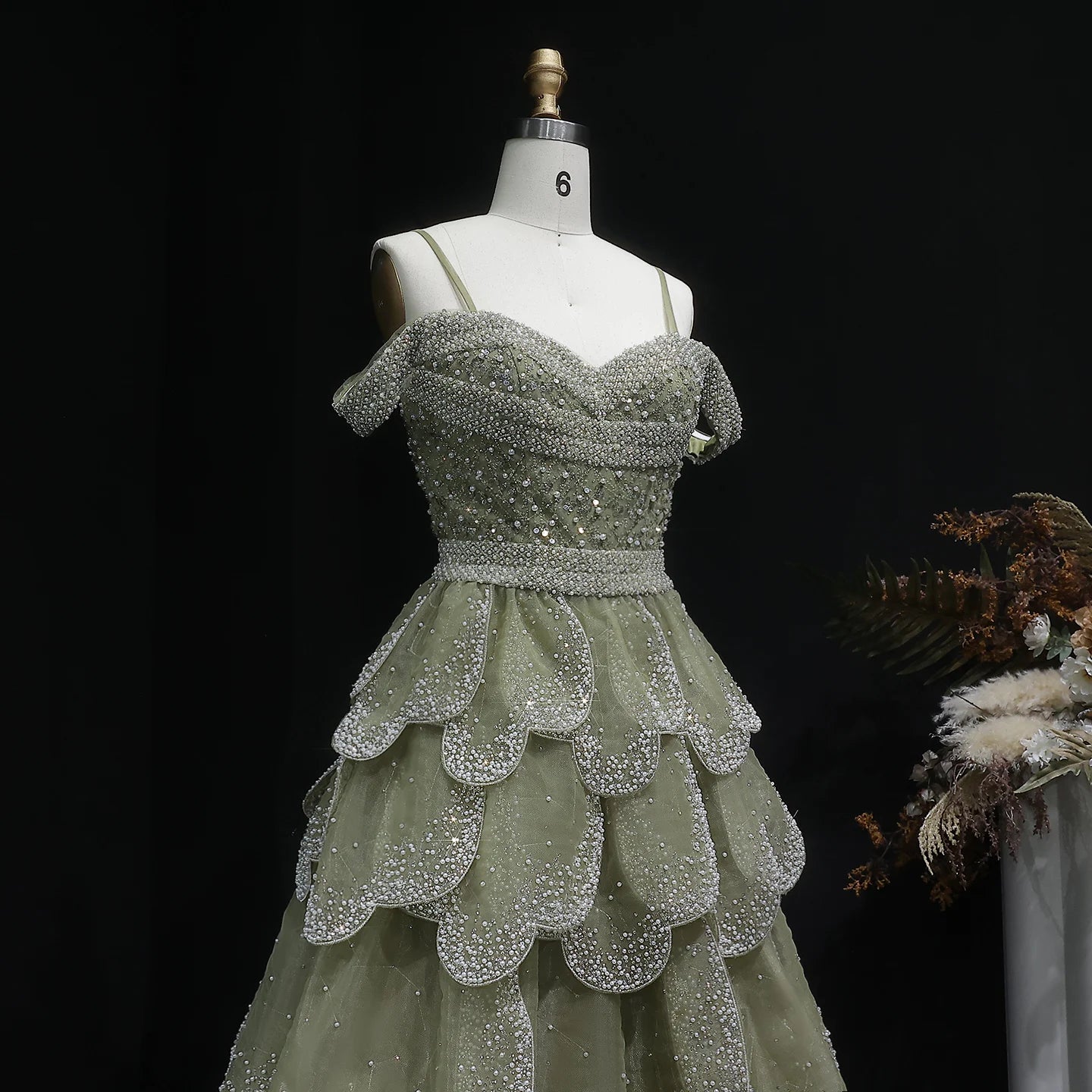 Green Sage Green Off-Shoulder Tiered Ruffle Evening Gown — GCC Formal — Riviera Couture GCC Luxury Evening Gown