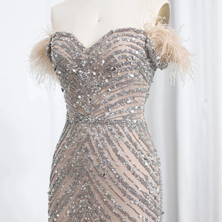 Feather Beaded Mermaid Evening Dress with Chocker - Riviera Couture