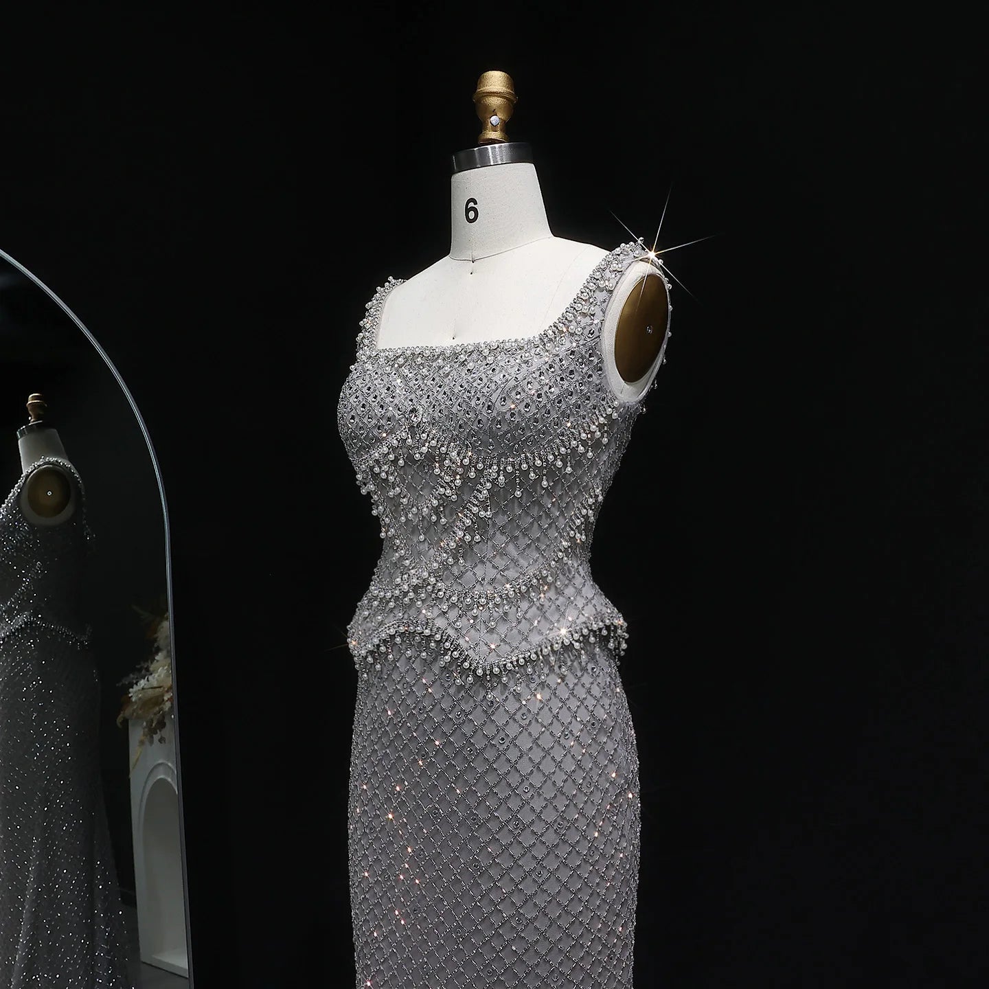 Gray Gray Straight Evening Gown with Straps — Dubai Arabic Luxury Formal — Riviera Couture GCC Luxury Evening Gown