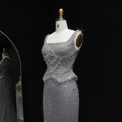 Gray Gray Straight Evening Gown with Straps — Dubai Arabic Luxury Formal — Riviera Couture GCC Luxury Evening Gown