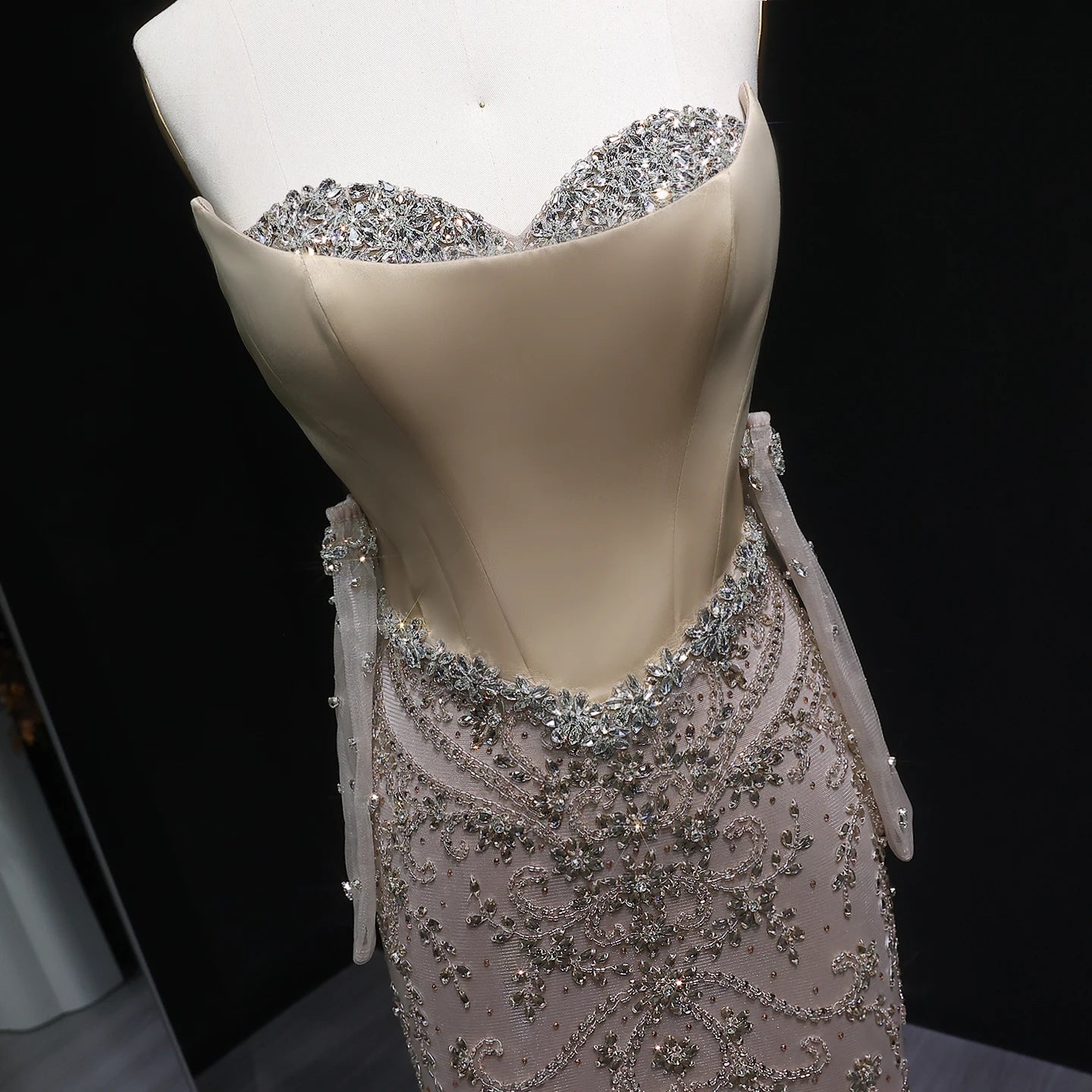 Champagne Beaded Mermaid Evening Gown with Gloves — Corset High Collar GCC — Riviera Couture GCC Luxury Evening Gown