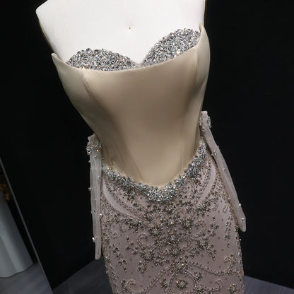 Champagne Beaded Mermaid Evening Gown with Gloves — Corset High Collar GCC — Riviera Couture GCC Luxury Evening Gown