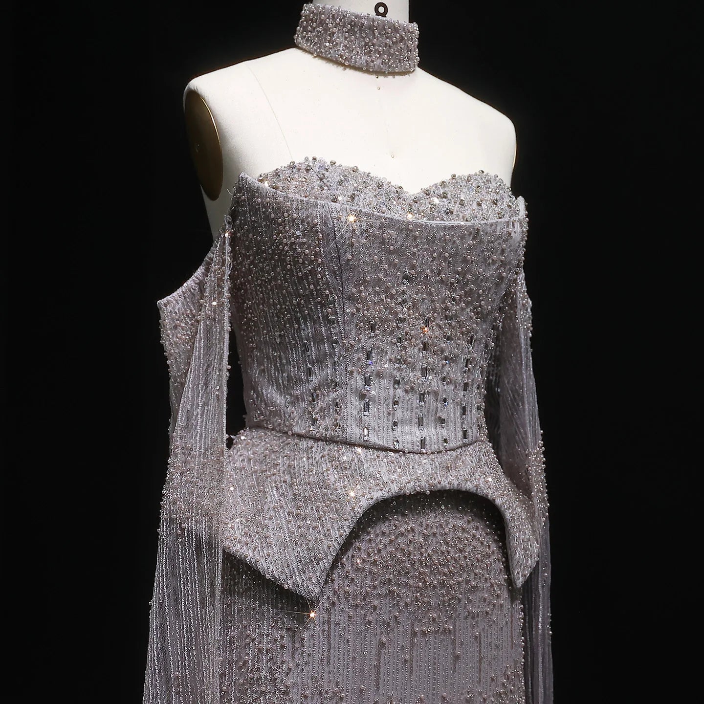 Gold Grey Crystal Off-Shoulder Evening Gown with Cape Sleeves — 2026 — Riviera Couture GCC Luxury Evening Gown
