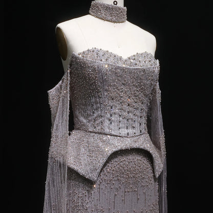 Gold Grey Crystal Off-Shoulder Evening Gown with Cape Sleeves — 2026 — Riviera Couture GCC Luxury Evening Gown