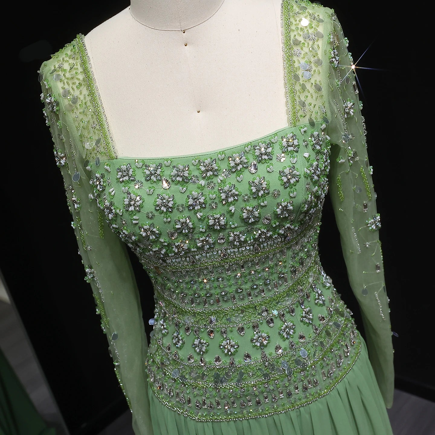 Green Long Sleeves Lilac Beaded Strapless Evening Gown with Flowing Chiffon Skirt — Riviera Couture GCC Luxury Evening Gown