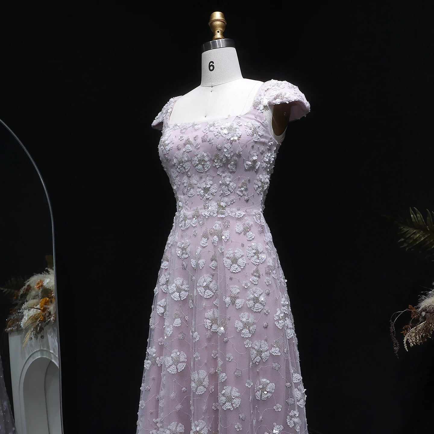 Pink Floral A-Line Evening Gown — Square Neck Beaded Flowers GCC — Riviera Couture GCC Luxury Evening Gown