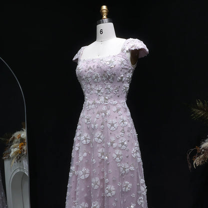Light Pink Floral Evening Gown — Square Neck Open Back GCC Wedding — Riviera Couture GCC Luxury Evening Gown