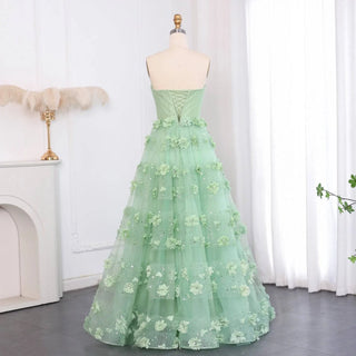 Sage Green 3D Flowers Evening Dress with Cape - Riviera Couture