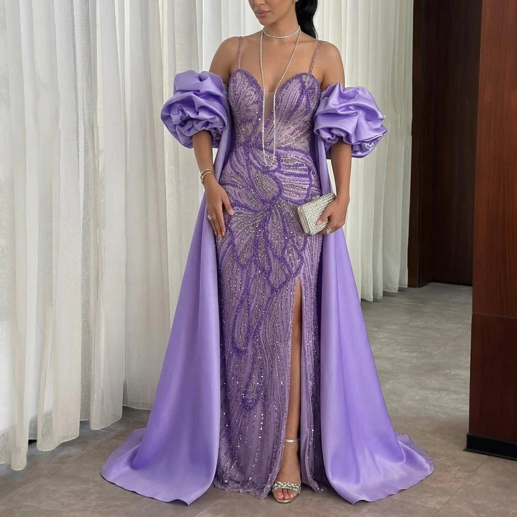 Lilac Off-Shoulder Cape Ruffle Evening Gown — Beaded Luxury GCC Formal — Riviera Couture GCC Luxury Evening Gown
