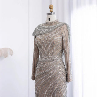 Luxury Silver Nude Muslim Evening Dresses with Cape High Neck Long Sleeves - Riviera Couture