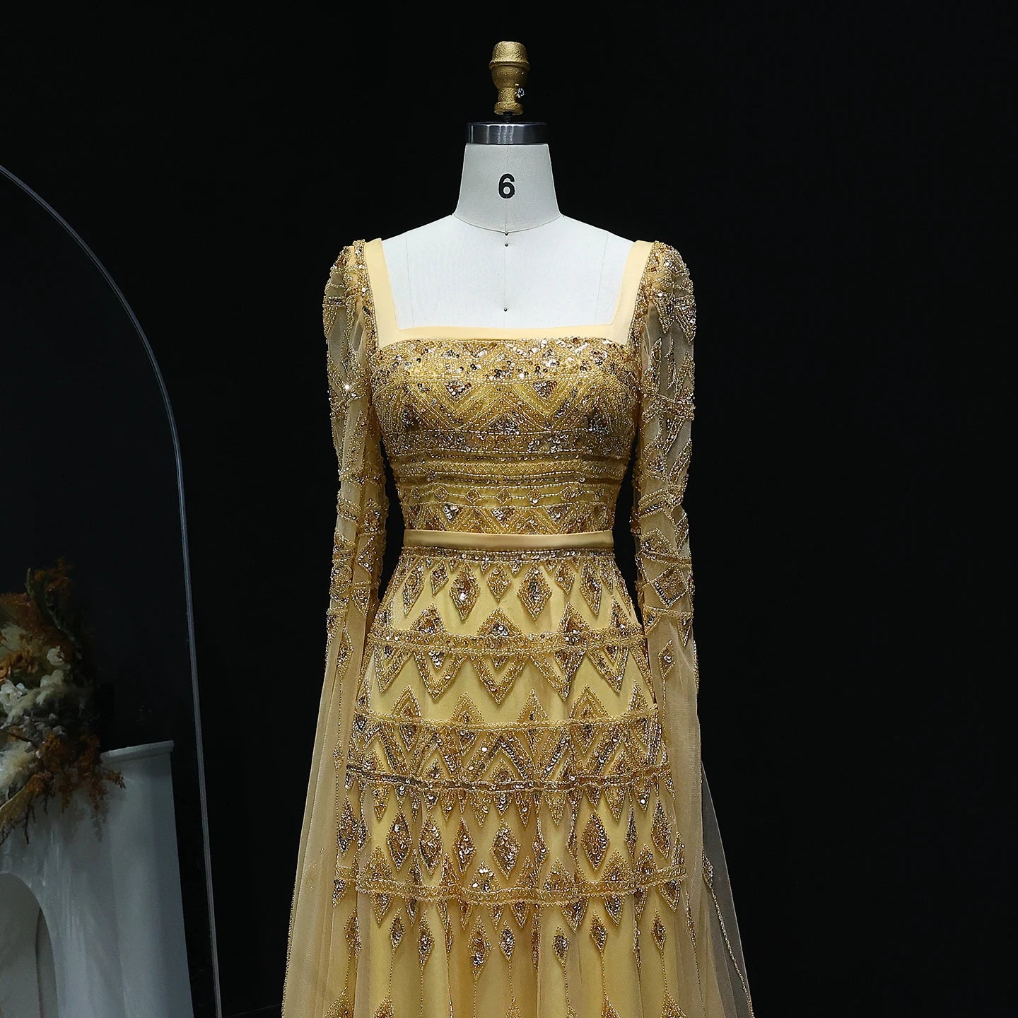 Gold Wine Red Burgundy Evening Gown with Cape Sleeve — Arabic Luxury 2026 — Riviera Couture GCC Luxury Evening Gown
