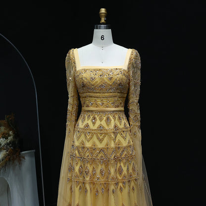 Gold Wine Red Burgundy Evening Gown with Cape Sleeve — Arabic Luxury 2026 — Riviera Couture GCC Luxury Evening Gown