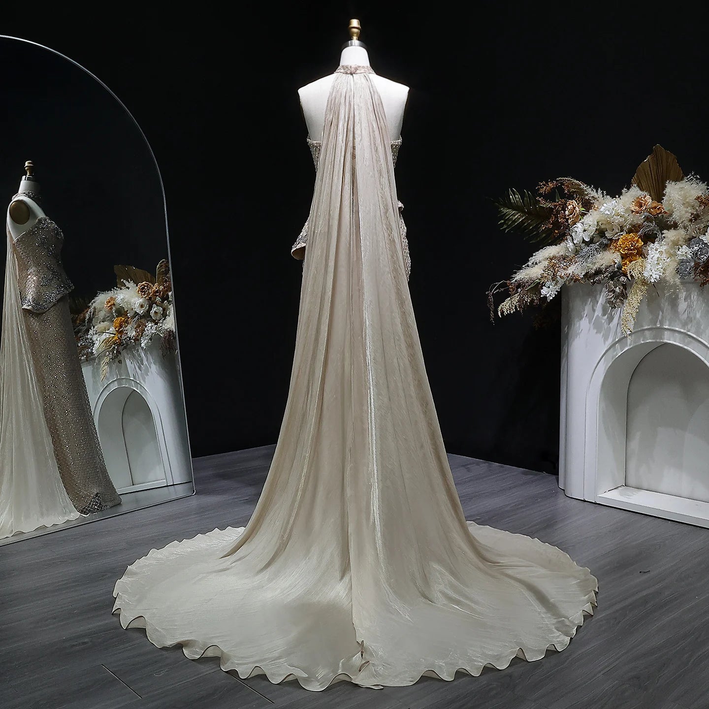 Champagne Crystal Sequined Mermaid Evening Gown with Cape — GCC Luxury 2026 — Riviera Couture GCC Luxury Evening Gown