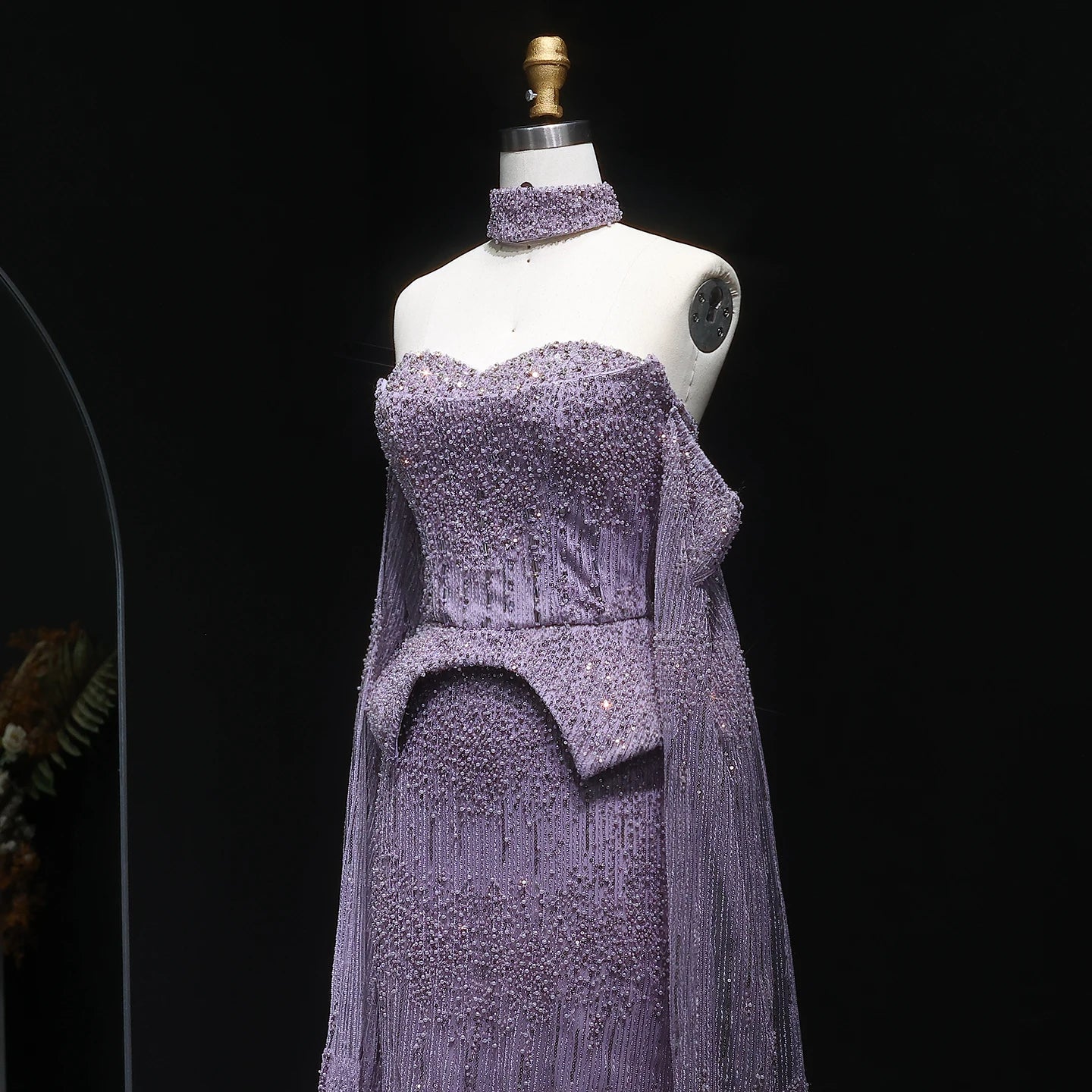 Lilac Grey Crystal Off-Shoulder Evening Gown with Cape Sleeves — 2026 — Riviera Couture GCC Luxury Evening Gown