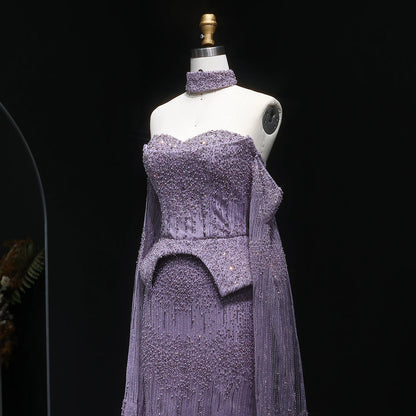 Lilac Grey Crystal Off-Shoulder Evening Gown with Cape Sleeves — 2026 — Riviera Couture GCC Luxury Evening Gown