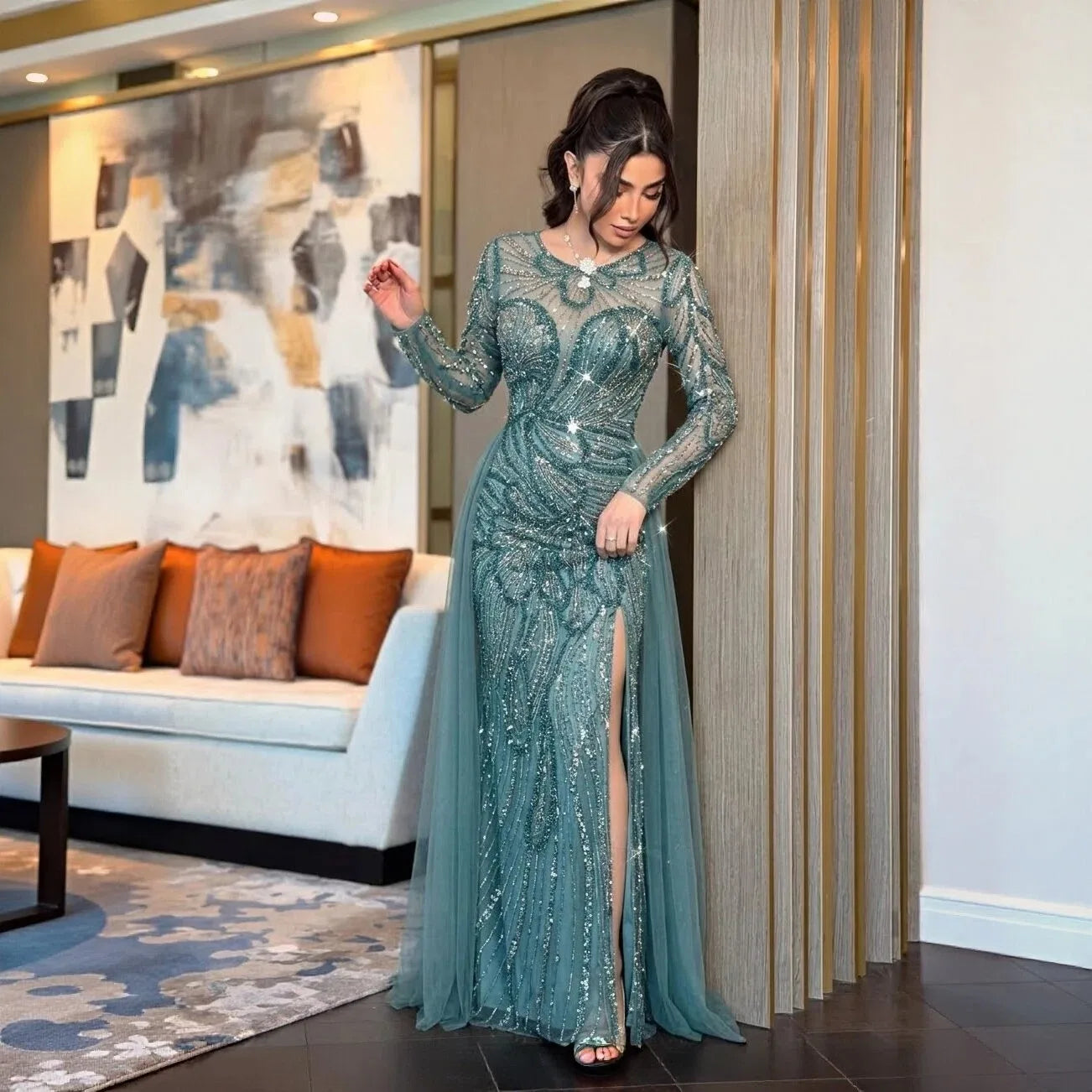 Green Beaded Long Sleeve Evening Gown with Overskirt and Side Slit — Riviera Couture GCC Luxury Evening Gown