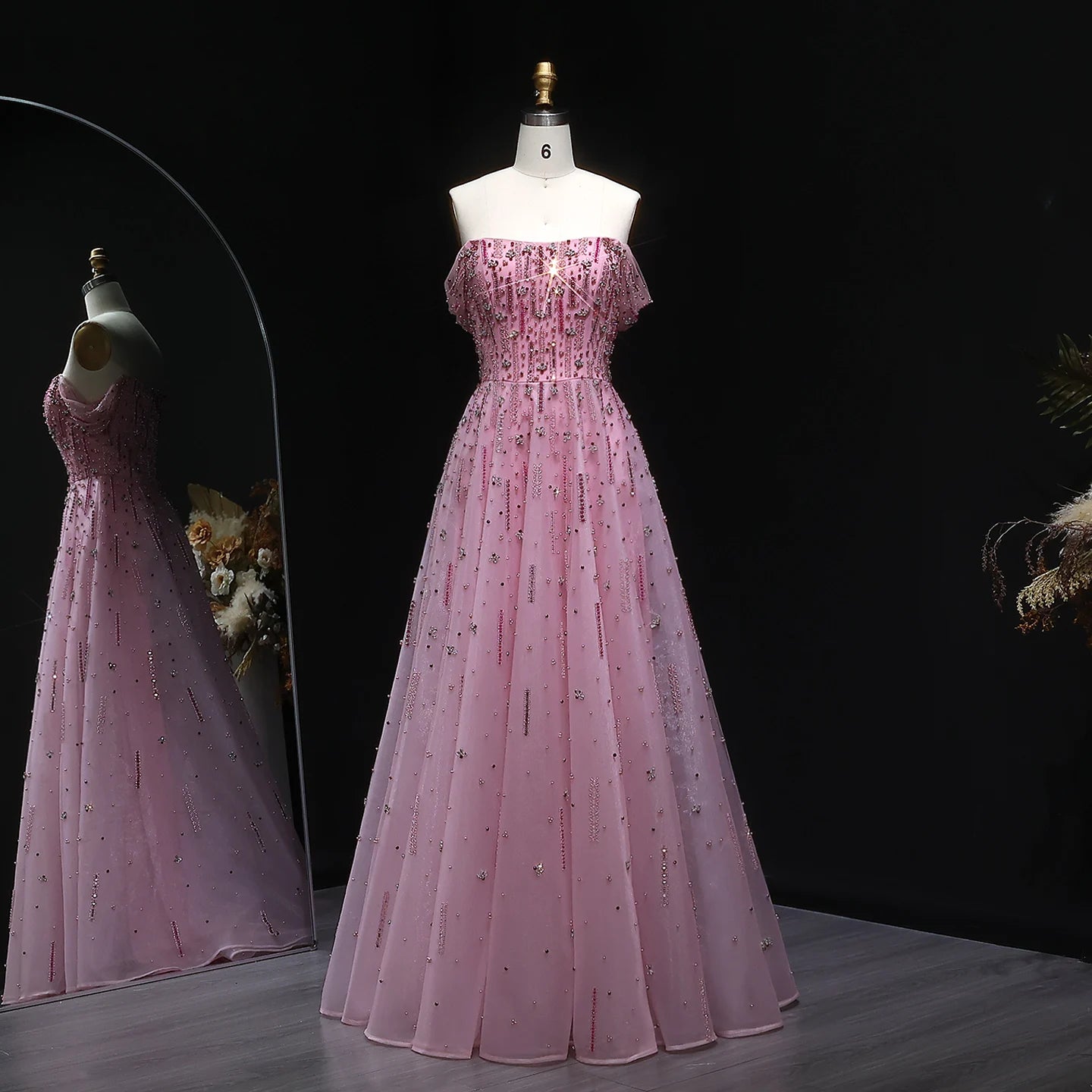 Pink Off-Shoulder A-Line Evening Gown — Luxury Beaded Arabic GCC — Riviera Couture GCC Luxury Evening Gown