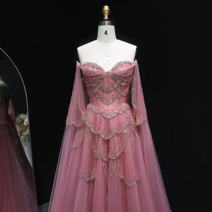 Burgundy Sage Green Sweetheart Evening Gown with Cape Sleeves — GCC Formal — Riviera Couture GCC Luxury Evening Gown