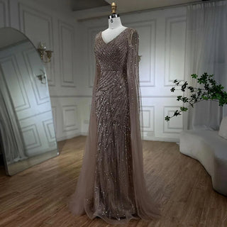 Mermaid Luxury Beaded Evening Dress with Cape Sleeves - RC320 - Riviera Couture