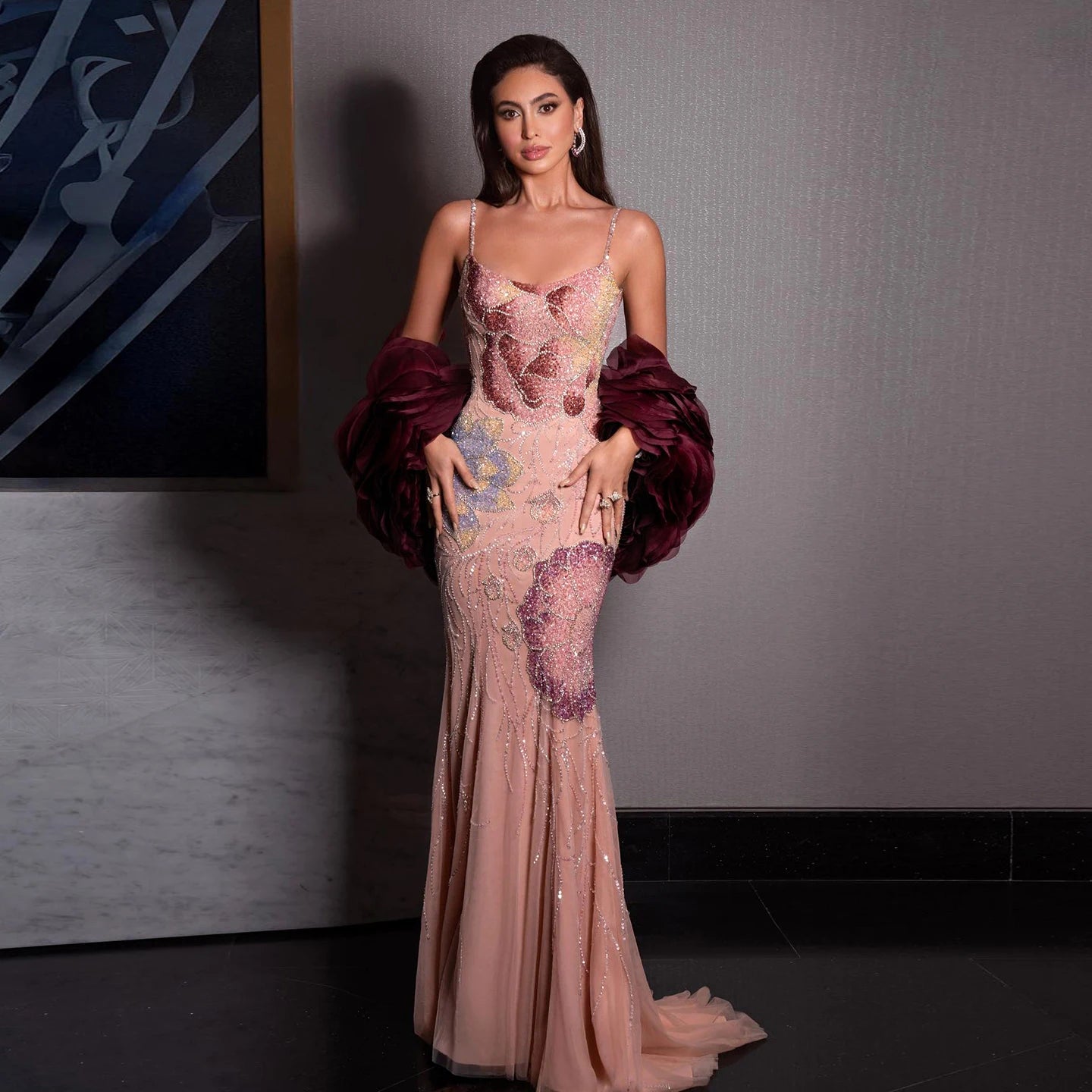 Pink Pink Floral Beaded Evening Gown with Burgundy Cape — GCC Luxury — Riviera Couture GCC Luxury Evening Gown