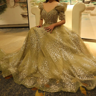 Glitter Gown with Puffy Sleeves - Riviera Couture