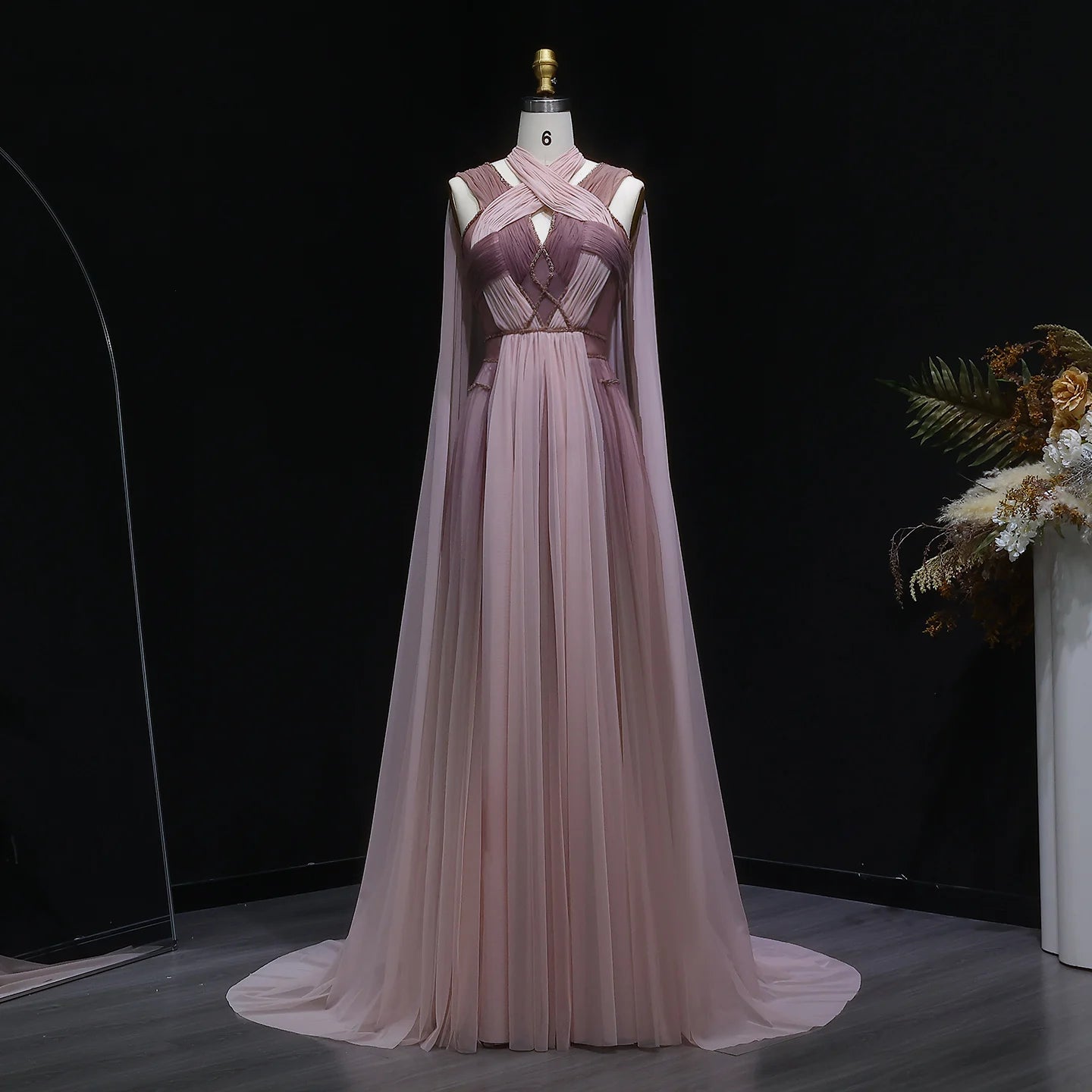 Ombré Pink Cape Sleeve Evening Gown — Criss-Cross Halter Backless — Riviera Couture GCC Luxury Evening Gown