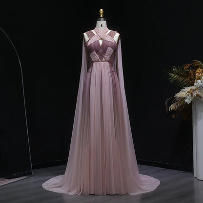 Ombré Pink Cape Sleeve Evening Gown — Criss-Cross Halter Backless — Riviera Couture GCC Luxury Evening Gown