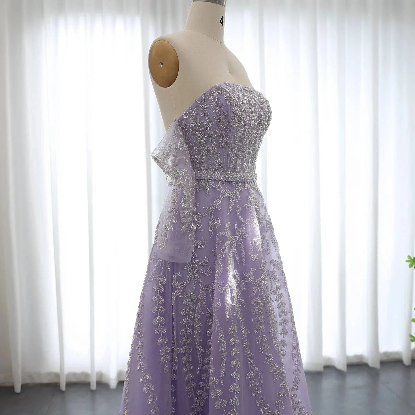 Beaded Lilac Evening Dress with Sleeve Gloves - Riviera Couture