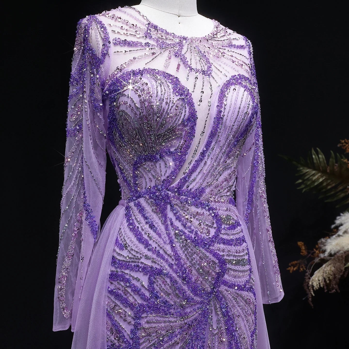 Lilac Beaded Long Sleeve Evening Gown with Overskirt and Side Slit — Riviera Couture GCC Luxury Evening Gown
