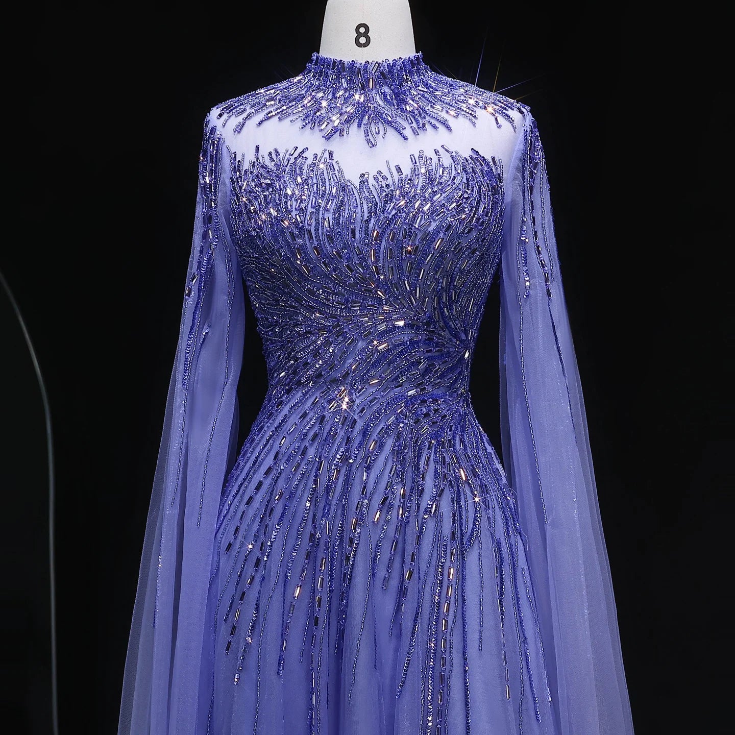 Caramel Caramel Beaded High Neck Cape Sleeve Evening Gown — Sequin Tulle — Riviera Couture GCC Luxury Evening Gown