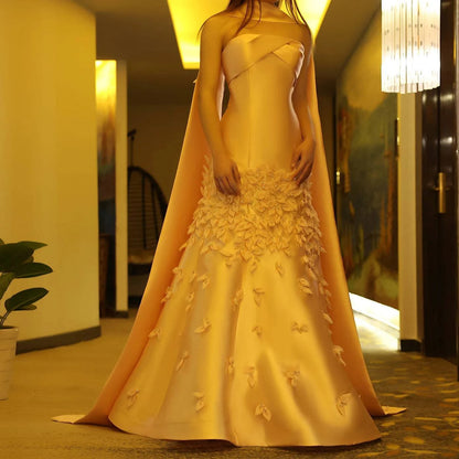 3D Leaves Blush Pink Satin Mermaid Evening Dress with Cape - RC04 - Riviera Couture