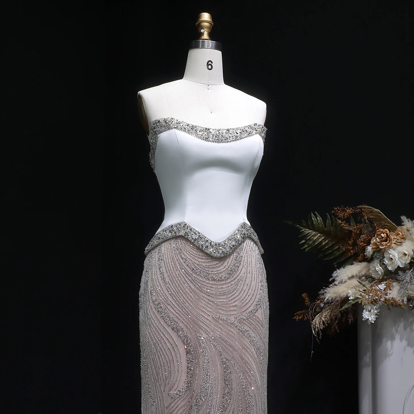 White Strapless Sequin Mermaid Evening Gown — Beaded Sparkle GCC Luxury — Riviera Couture GCC Luxury Evening Gown