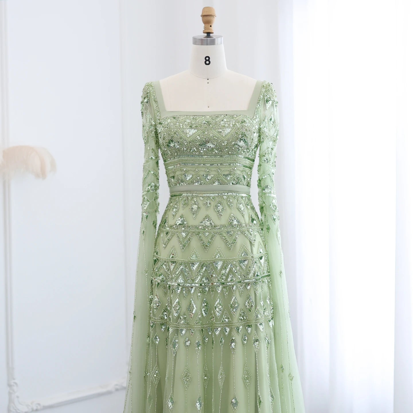 Sage Green Wine Red Burgundy Evening Gown with Cape Sleeve — Arabic Luxury 2026 — Riviera Couture GCC Luxury Evening Gown