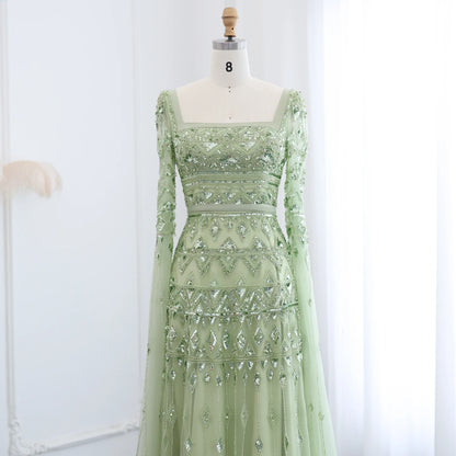 Sage Green Wine Red Burgundy Evening Gown with Cape Sleeve — Arabic Luxury 2026 — Riviera Couture GCC Luxury Evening Gown
