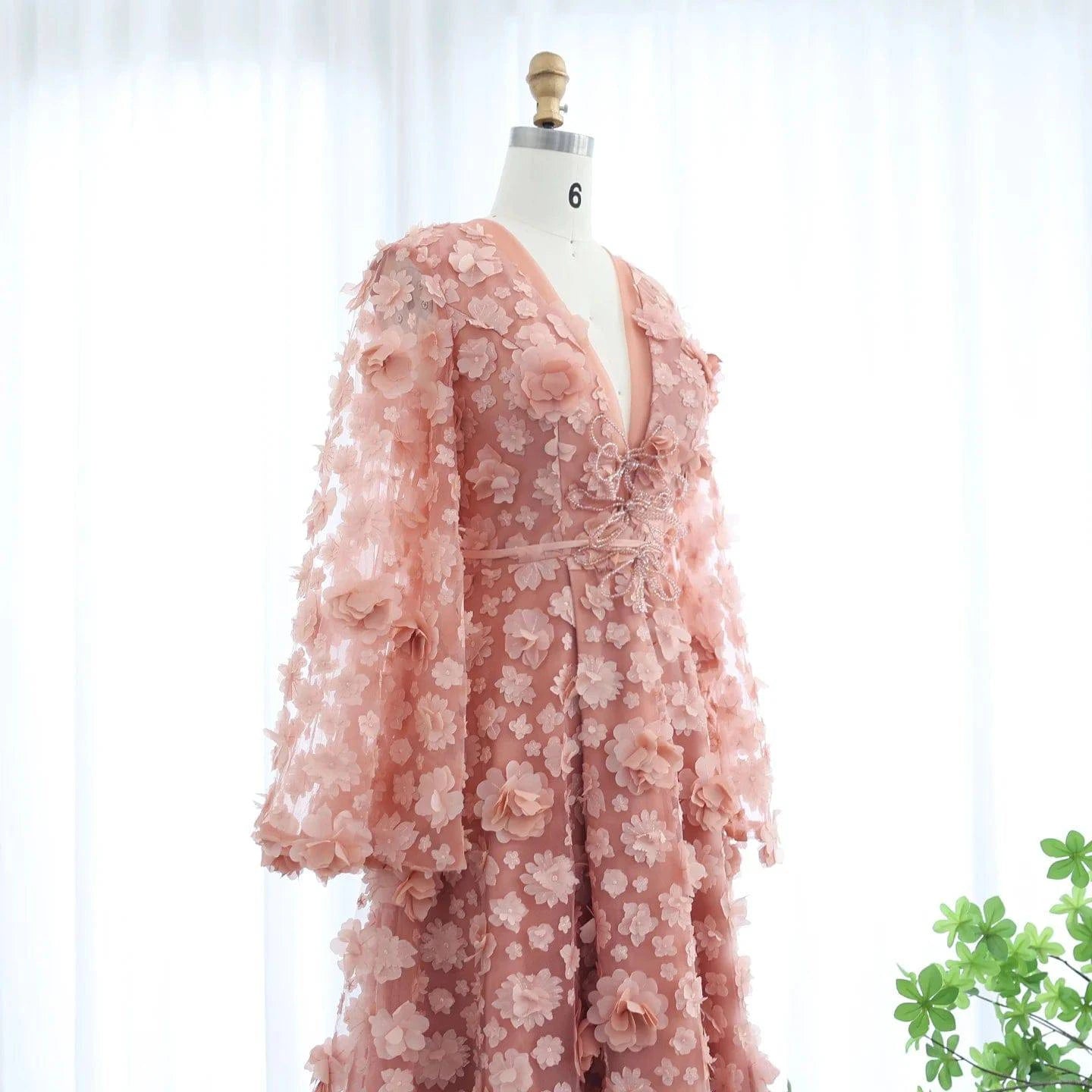 Blush Peach-Pink 3D Flowers Evening Dresses with Sleeves - Riviera Couture